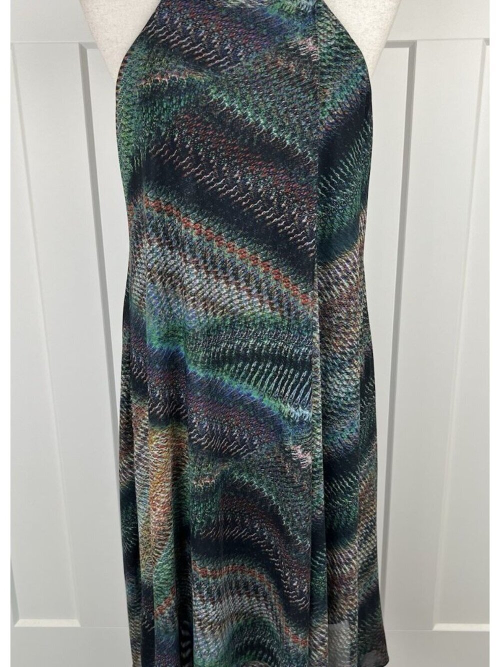 Trina Turk Dress Womens M Geometric Print Halter Swing Hi Low Lined Stretch